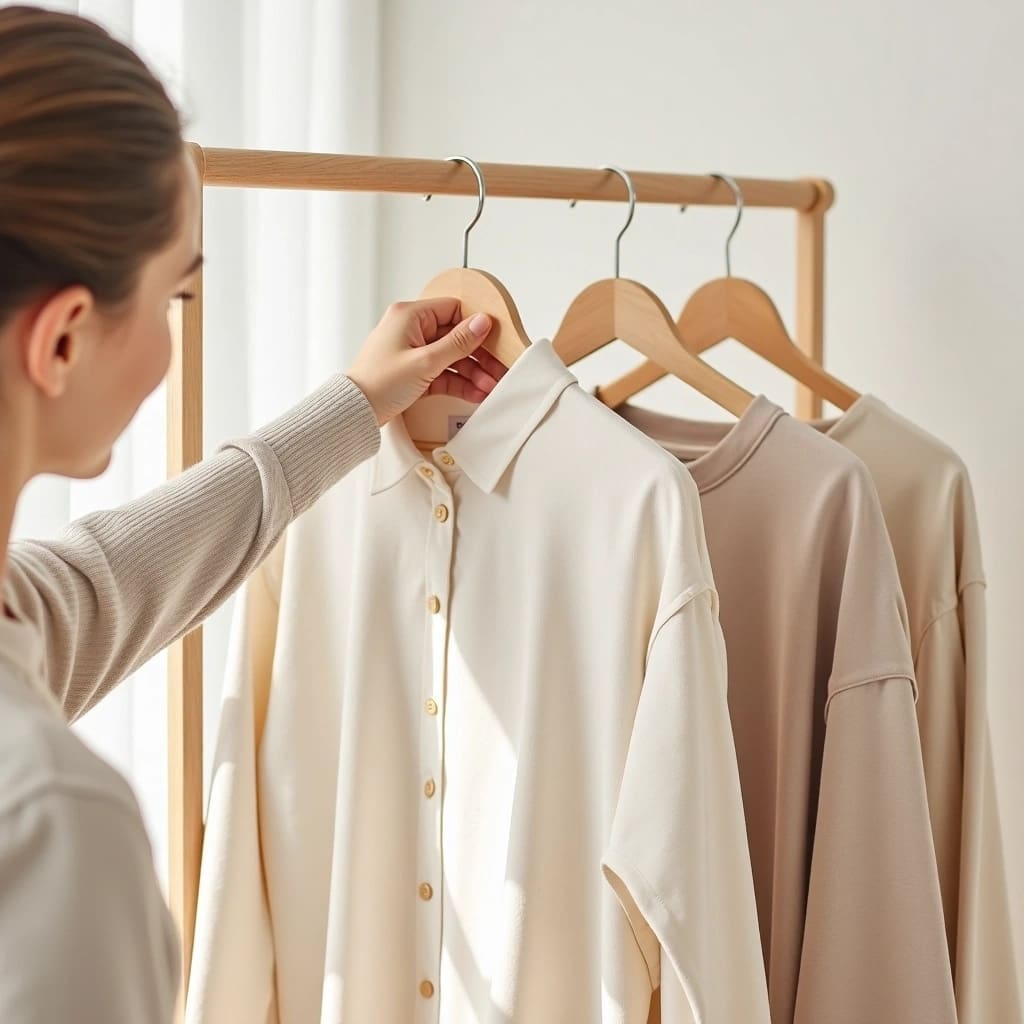 A person selects a beige shirt from a wooden clothing rack with three neutral-colored garments hanging on wooden hangers.