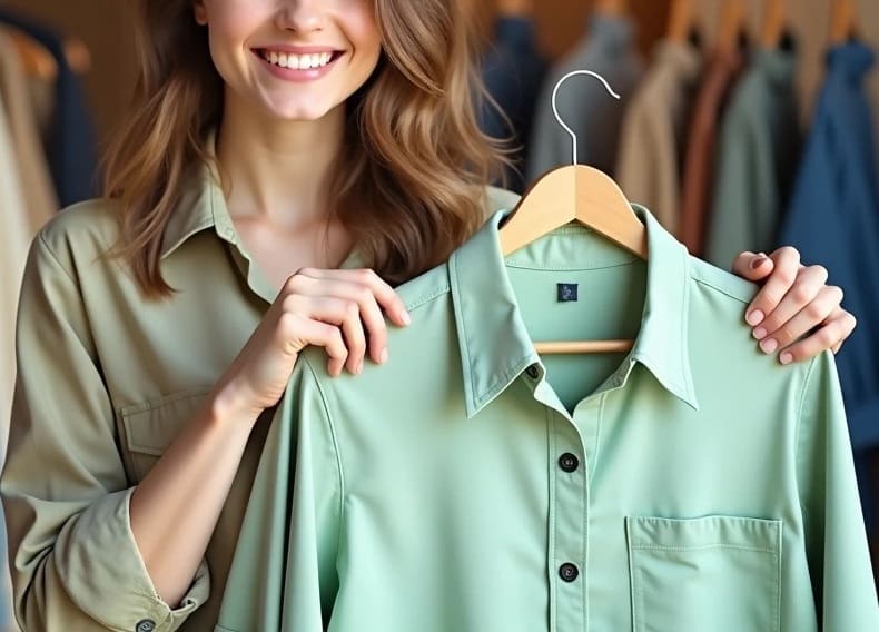A woman standing indoors smiles while holding a light green button-up shirt on a hanger, with several shirts hanging in the background.