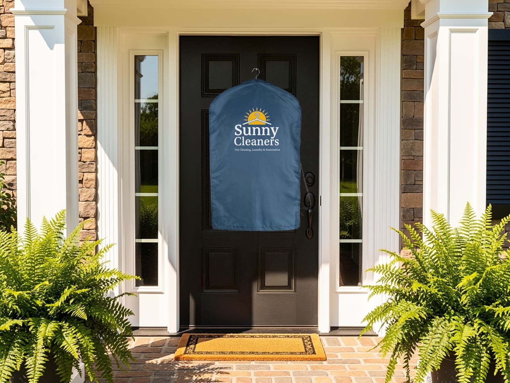 A garment bag labeled "Sunny Cleaners" hangs on a black front door of a brick house, flanked by two ferns on the porch.